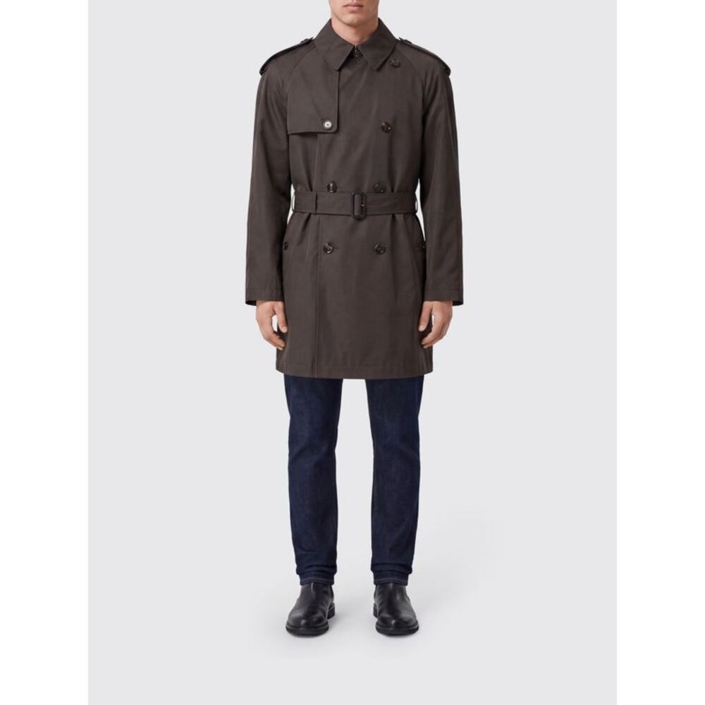 Burberry Men Burberry Knee-Length Double-Breasted Cotton Trench Coat With Belt